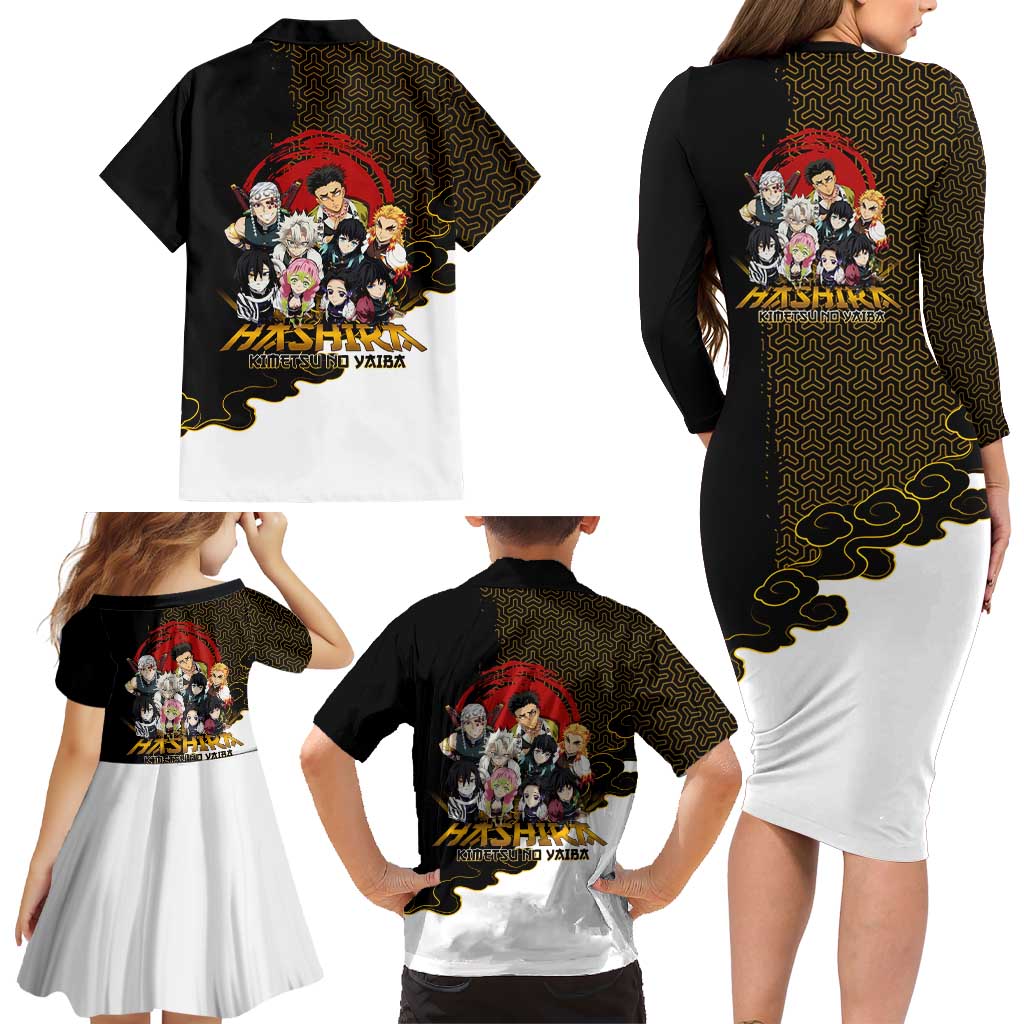 Demon Slayer Hashira Group Design Family Matching Long Sleeve Bodycon Dress and Hawaiian Shirt with Gold Cloud Pattern and Stylized Kanji Motif