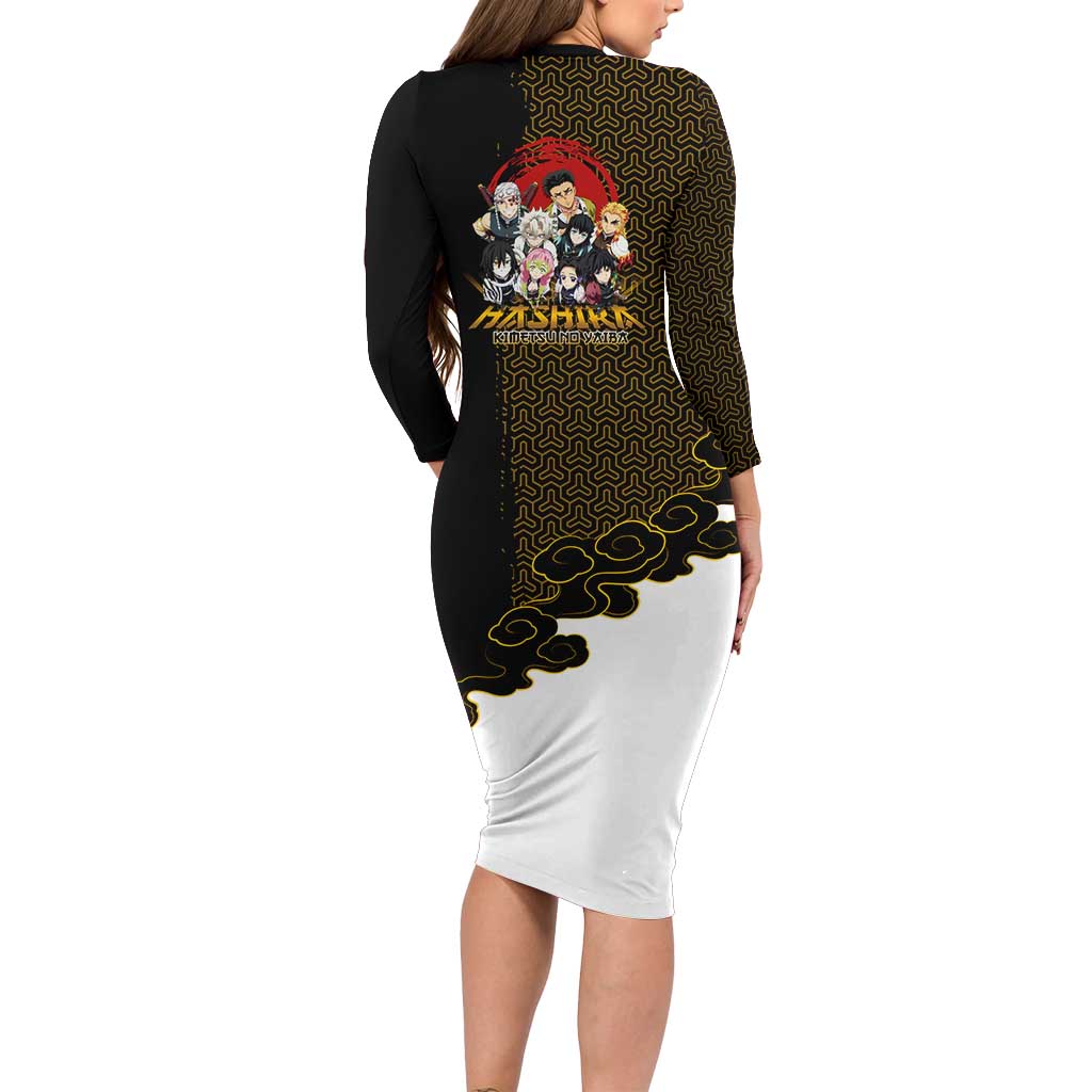 Demon Slayer Hashira Group Design Family Matching Long Sleeve Bodycon Dress and Hawaiian Shirt with Gold Cloud Pattern and Stylized Kanji Motif