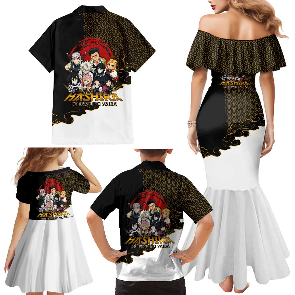 Demon Slayer Hashira Group Design Family Matching Mermaid Dress and Hawaiian Shirt with Gold Cloud Pattern and Stylized Kanji Motif