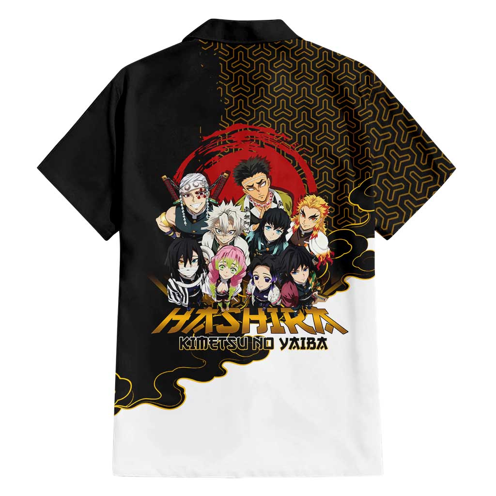 Demon Slayer Hashira Group Design Family Matching Mermaid Dress and Hawaiian Shirt with Gold Cloud Pattern and Stylized Kanji Motif