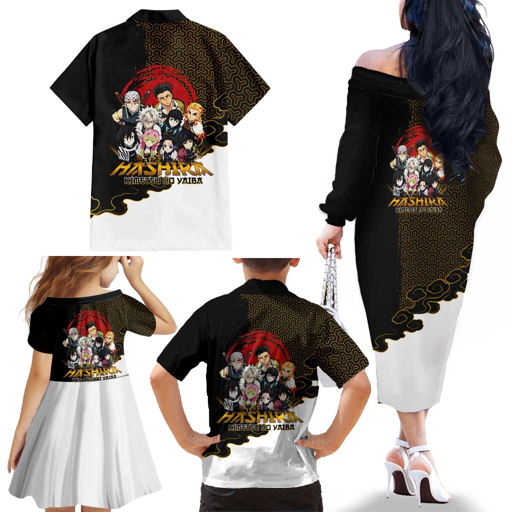 Demon Slayer Hashira Group Design Family Matching Off The Shoulder Long Sleeve Dress and Hawaiian Shirt with Gold Cloud Pattern and Stylized Kanji Motif