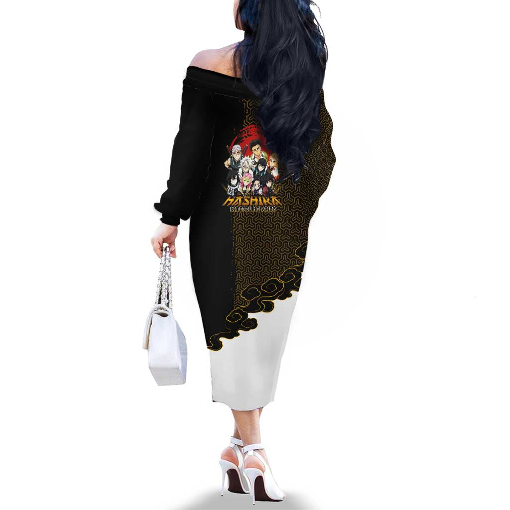 Demon Slayer Hashira Group Design Family Matching Off The Shoulder Long Sleeve Dress and Hawaiian Shirt with Gold Cloud Pattern and Stylized Kanji Motif