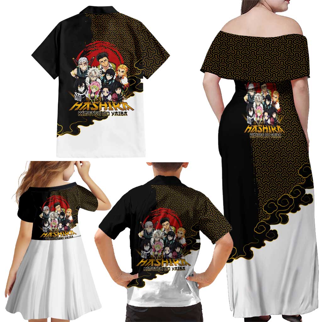 Demon Slayer Hashira Group Design Family Matching Off Shoulder Maxi Dress and Hawaiian Shirt with Gold Cloud Pattern and Stylized Kanji Motif