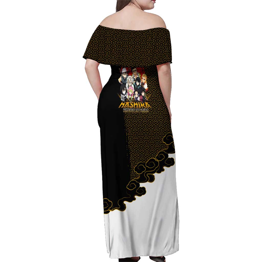 Demon Slayer Hashira Group Design Family Matching Off Shoulder Maxi Dress and Hawaiian Shirt with Gold Cloud Pattern and Stylized Kanji Motif