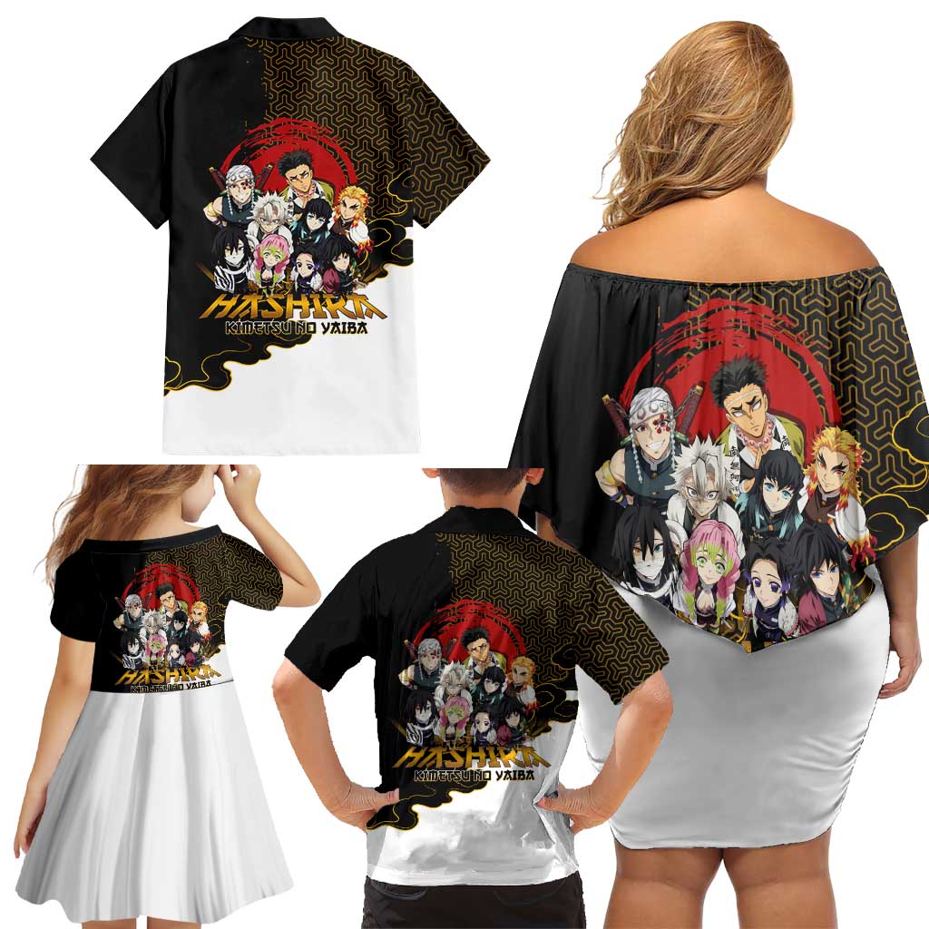 Demon Slayer Hashira Group Design Family Matching Off Shoulder Short Dress and Hawaiian Shirt with Gold Cloud Pattern and Stylized Kanji Motif