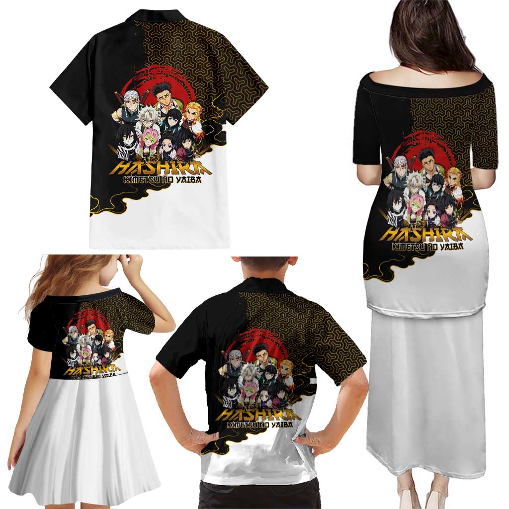 Demon Slayer Hashira Group Design Family Matching Puletasi and Hawaiian Shirt with Gold Cloud Pattern and Stylized Kanji Motif