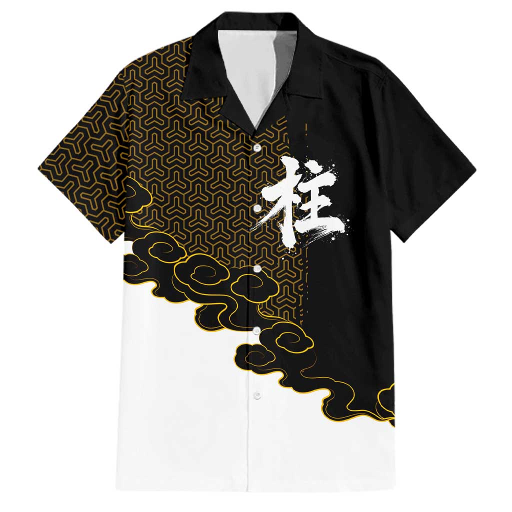 Demon Slayer Hashira Group Design Family Matching Puletasi and Hawaiian Shirt with Gold Cloud Pattern and Stylized Kanji Motif
