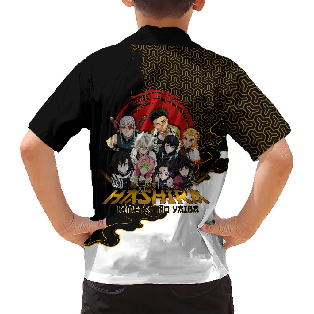 Demon Slayer Hashira Group Design Family Matching Short Sleeve Bodycon Dress and Hawaiian Shirt with Gold Cloud Pattern and Stylized Kanji Motif