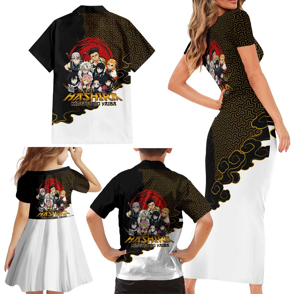Demon Slayer Hashira Group Design Family Matching Short Sleeve Bodycon Dress and Hawaiian Shirt with Gold Cloud Pattern and Stylized Kanji Motif