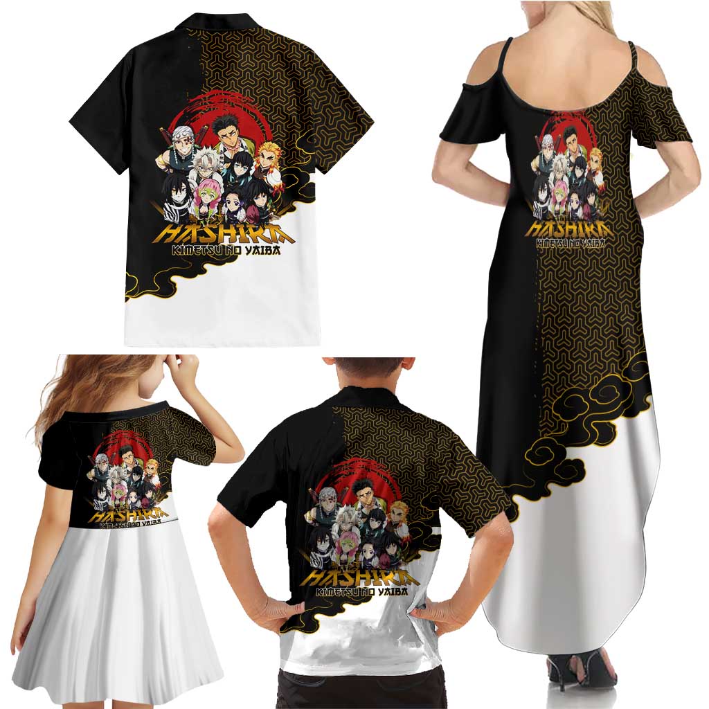 Demon Slayer Hashira Group Design Family Matching Summer Maxi Dress and Hawaiian Shirt with Gold Cloud Pattern and Stylized Kanji Motif