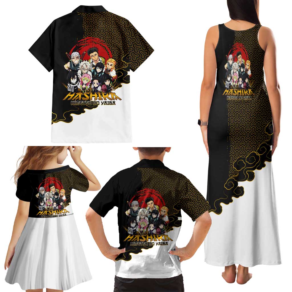 Demon Slayer Hashira Group Design Family Matching Tank Maxi Dress and Hawaiian Shirt with Gold Cloud Pattern and Stylized Kanji Motif
