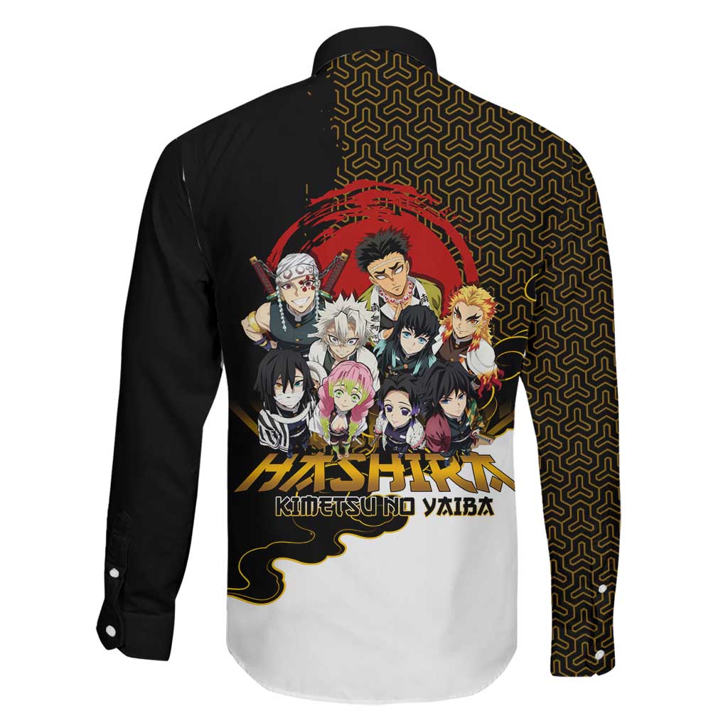 Demon Slayer Hashira Group Design Family Matching Tank Maxi Dress and Hawaiian Shirt with Gold Cloud Pattern and Stylized Kanji Motif