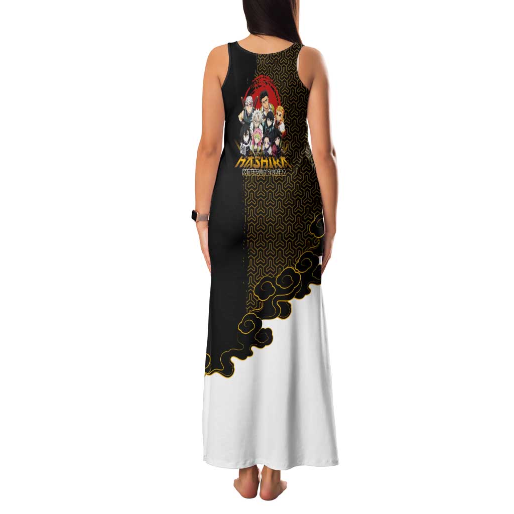Demon Slayer Hashira Group Design Family Matching Tank Maxi Dress and Hawaiian Shirt with Gold Cloud Pattern and Stylized Kanji Motif