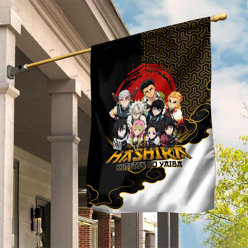 Demon Slayer Hashira Group Design Garden Flag with Gold Cloud Pattern and Stylized Kanji Motif - The Mazicc
