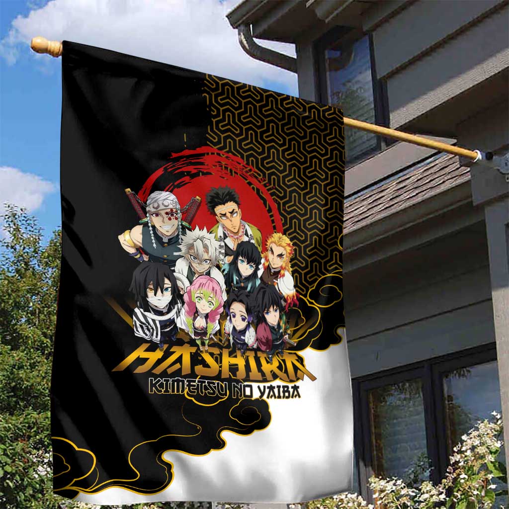 Demon Slayer Hashira Group Design Garden Flag with Gold Cloud Pattern and Stylized Kanji Motif - The Mazicc