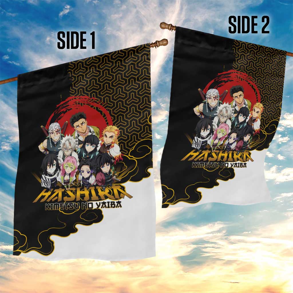 Demon Slayer Hashira Group Design Garden Flag with Gold Cloud Pattern and Stylized Kanji Motif - The Mazicc