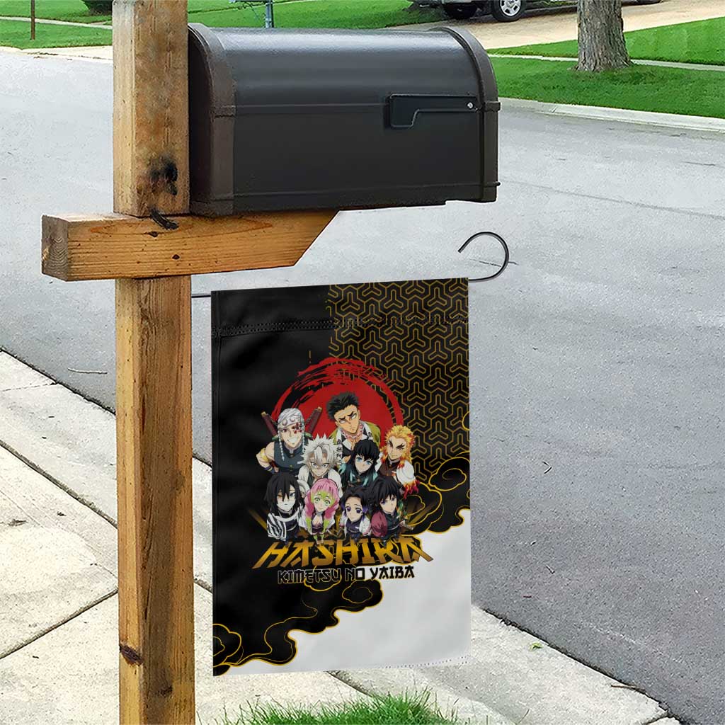 Demon Slayer Hashira Group Design Garden Flag with Gold Cloud Pattern and Stylized Kanji Motif - The Mazicc