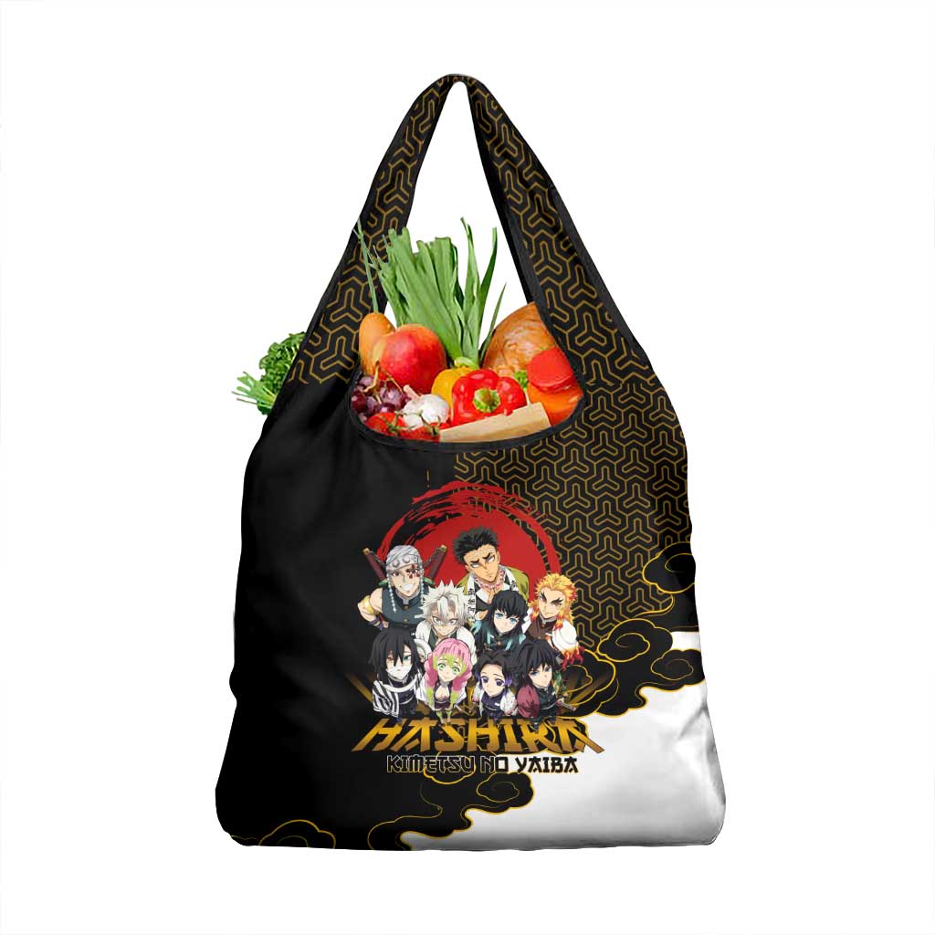Demon Slayer Hashira Group Design Grocery Bag with Gold Cloud Pattern and Stylized Kanji Motif - The Mazicc