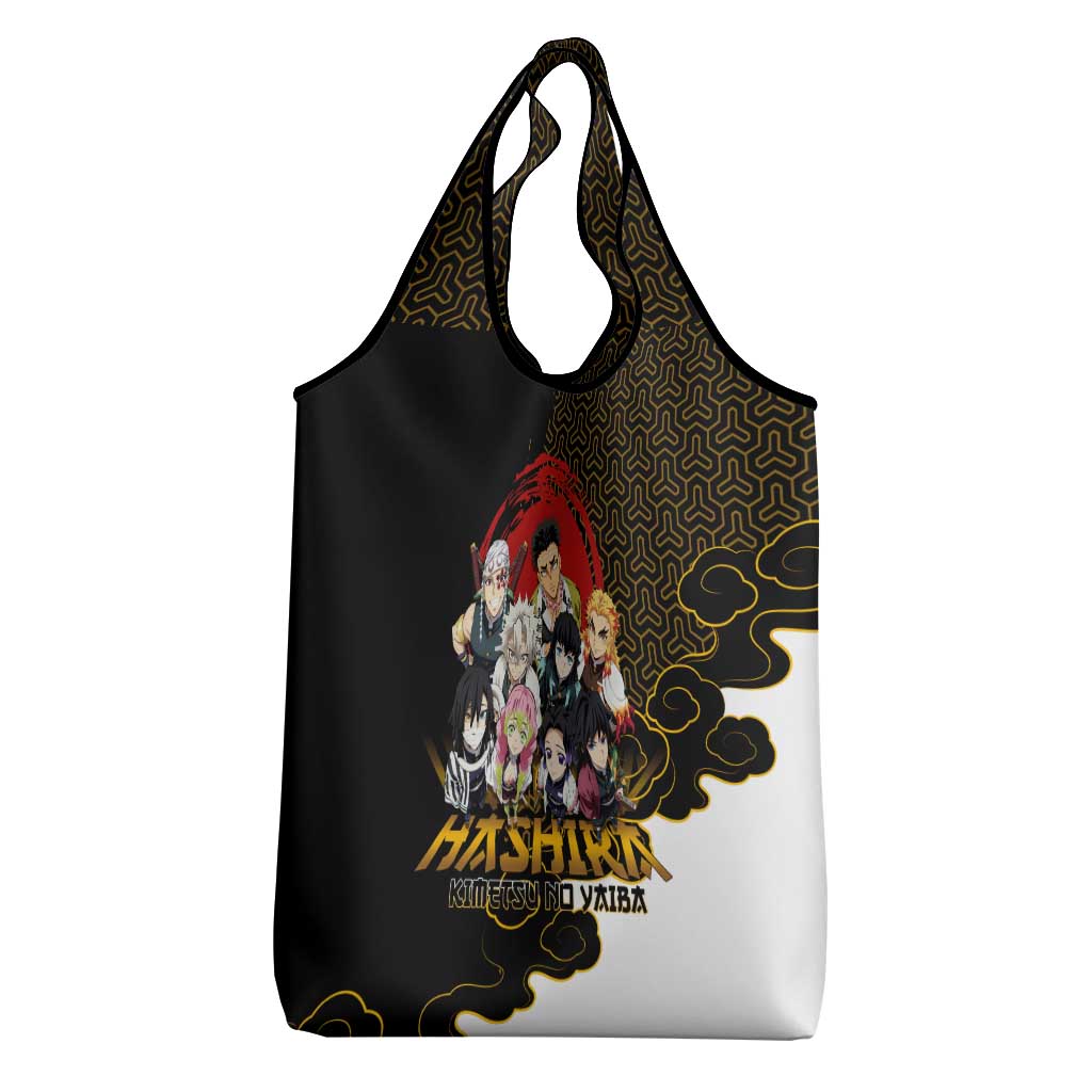 Demon Slayer Hashira Group Design Grocery Bag with Gold Cloud Pattern and Stylized Kanji Motif - The Mazicc
