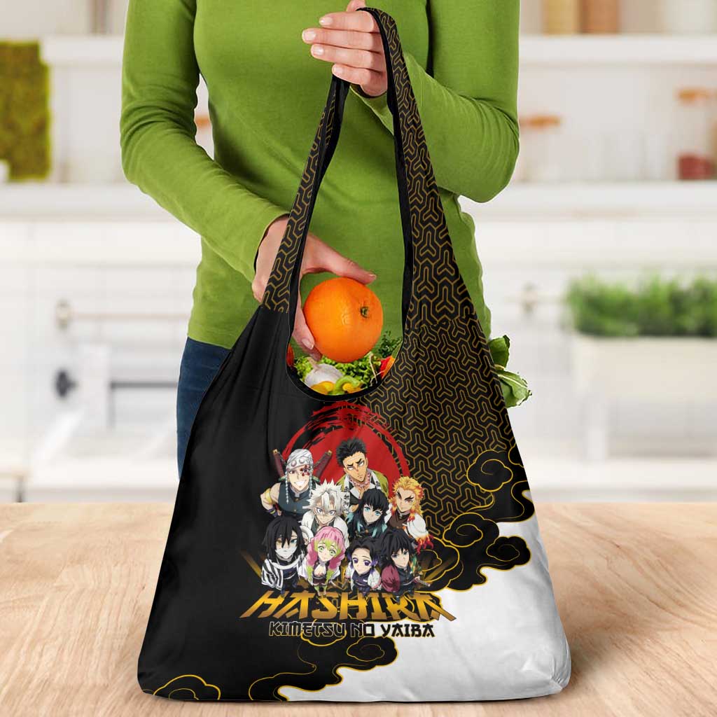 Demon Slayer Hashira Group Design Grocery Bag with Gold Cloud Pattern and Stylized Kanji Motif - The Mazicc