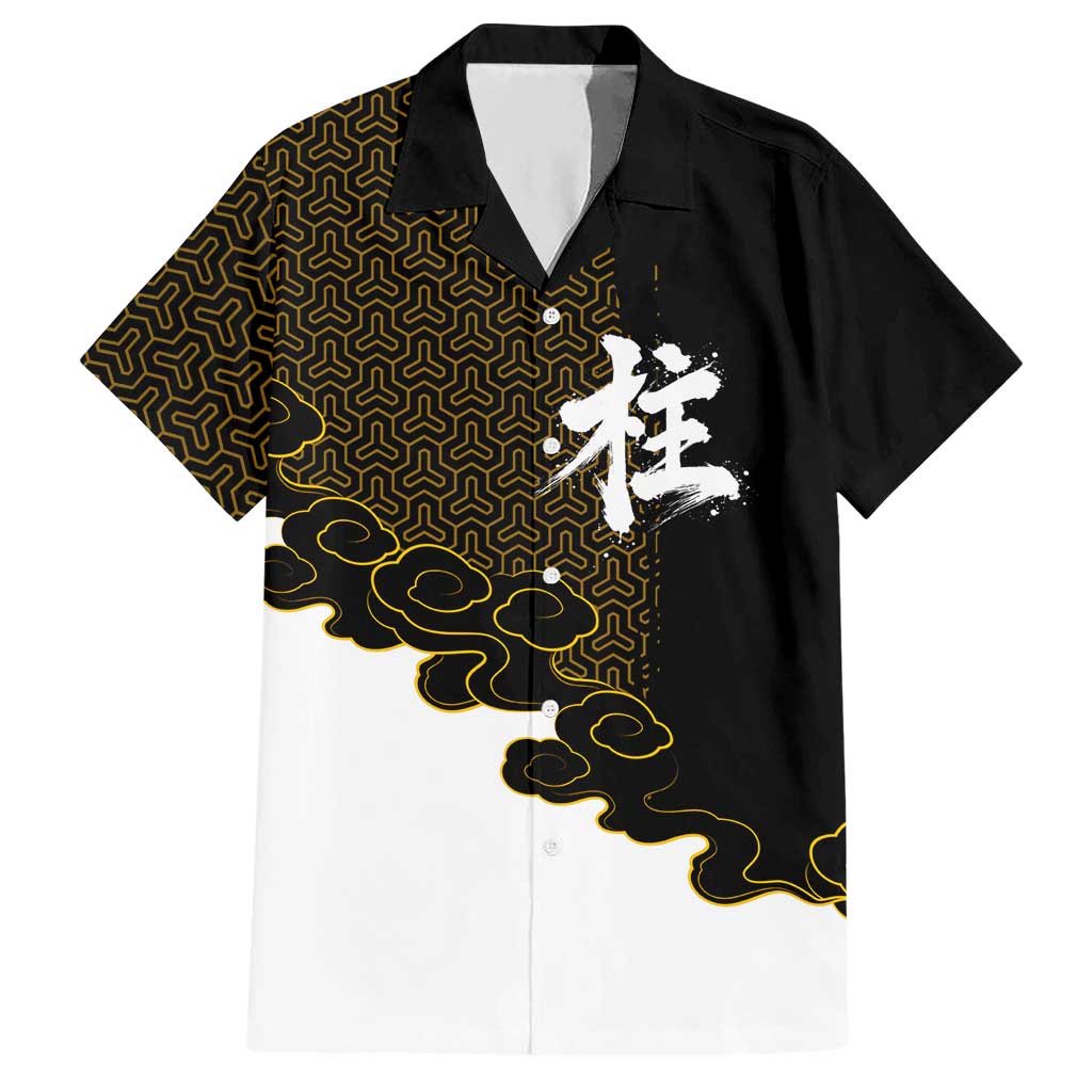 Demon Slayer Hashira Group Design Hawaiian Shirt with Gold Cloud Pattern and Stylized Kanji Motif - The Mazicc