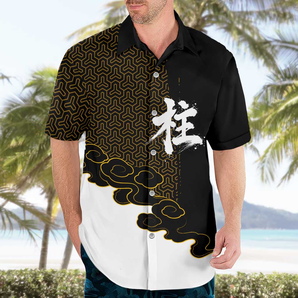 Demon Slayer Hashira Group Design Hawaiian Shirt with Gold Cloud Pattern and Stylized Kanji Motif - The Mazicc