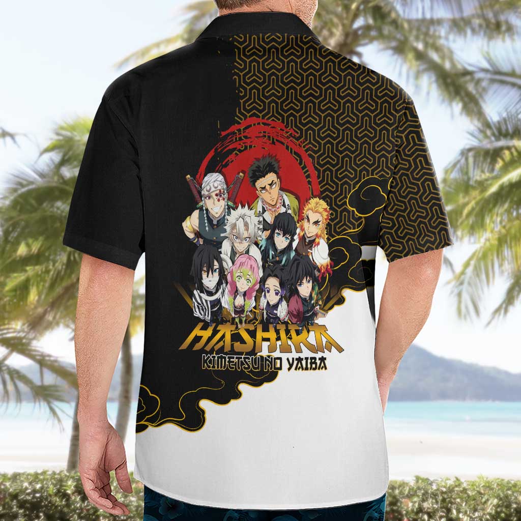 Demon Slayer Hashira Group Design Hawaiian Shirt with Gold Cloud Pattern and Stylized Kanji Motif - The Mazicc