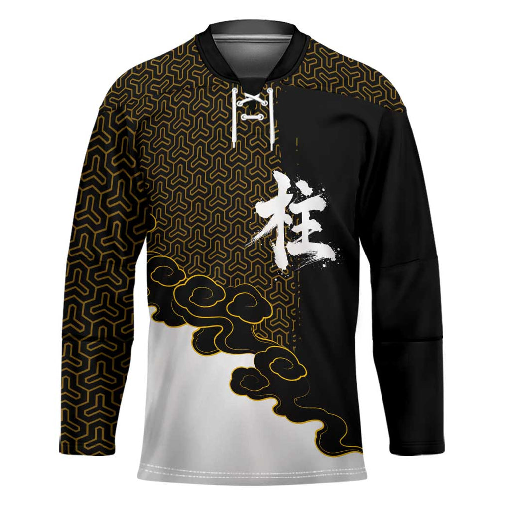 Demon Slayer Hashira Group Design Hockey Jersey with Gold Cloud Pattern and Stylized Kanji Motif - The Mazicc