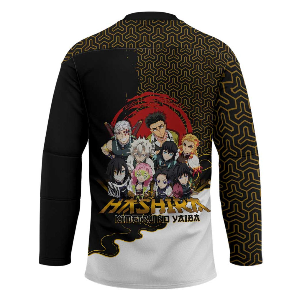 Demon Slayer Hashira Group Design Hockey Jersey with Gold Cloud Pattern and Stylized Kanji Motif - The Mazicc