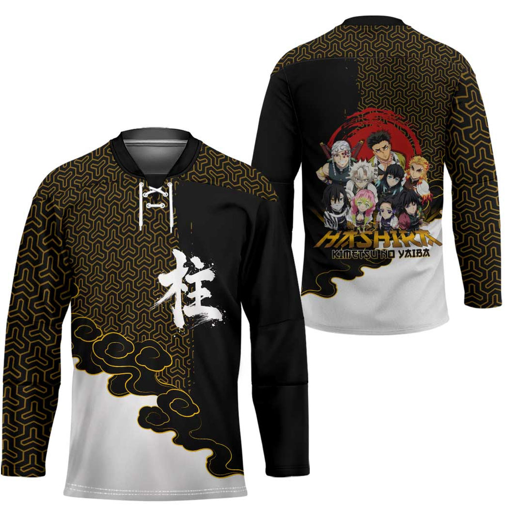 Demon Slayer Hashira Group Design Hockey Jersey with Gold Cloud Pattern and Stylized Kanji Motif - The Mazicc
