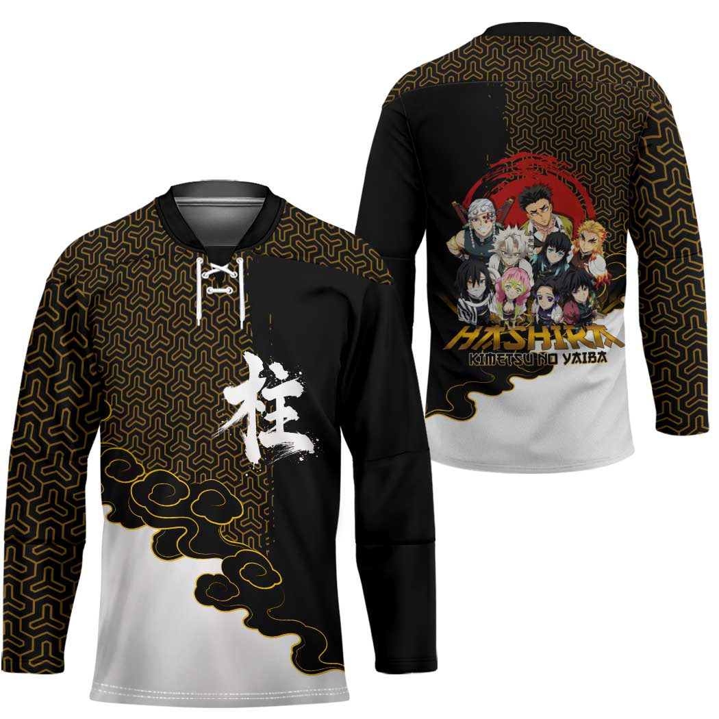 Demon Slayer Hashira Group Design Hockey Jersey with Gold Cloud Pattern and Stylized Kanji Motif - The Mazicc