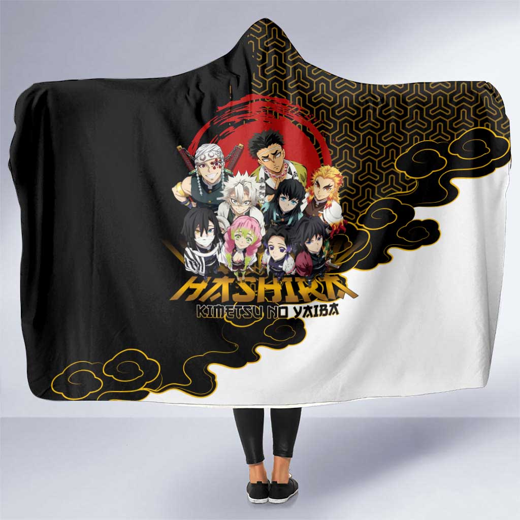 Demon Slayer Hashira Group Design Hooded Blanket with Gold Cloud Pattern and Stylized Kanji Motif - The Mazicc