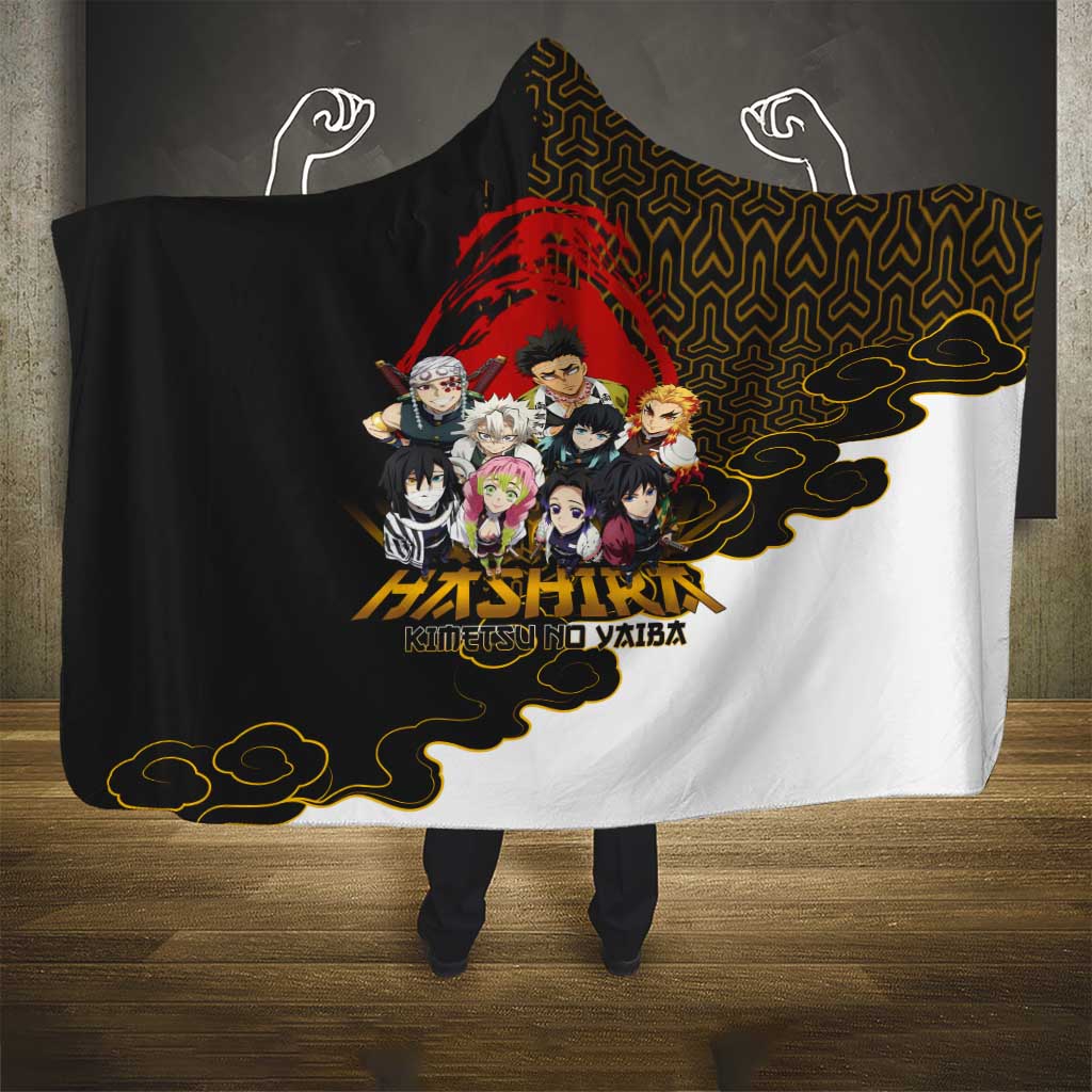 Demon Slayer Hashira Group Design Hooded Blanket with Gold Cloud Pattern and Stylized Kanji Motif - The Mazicc