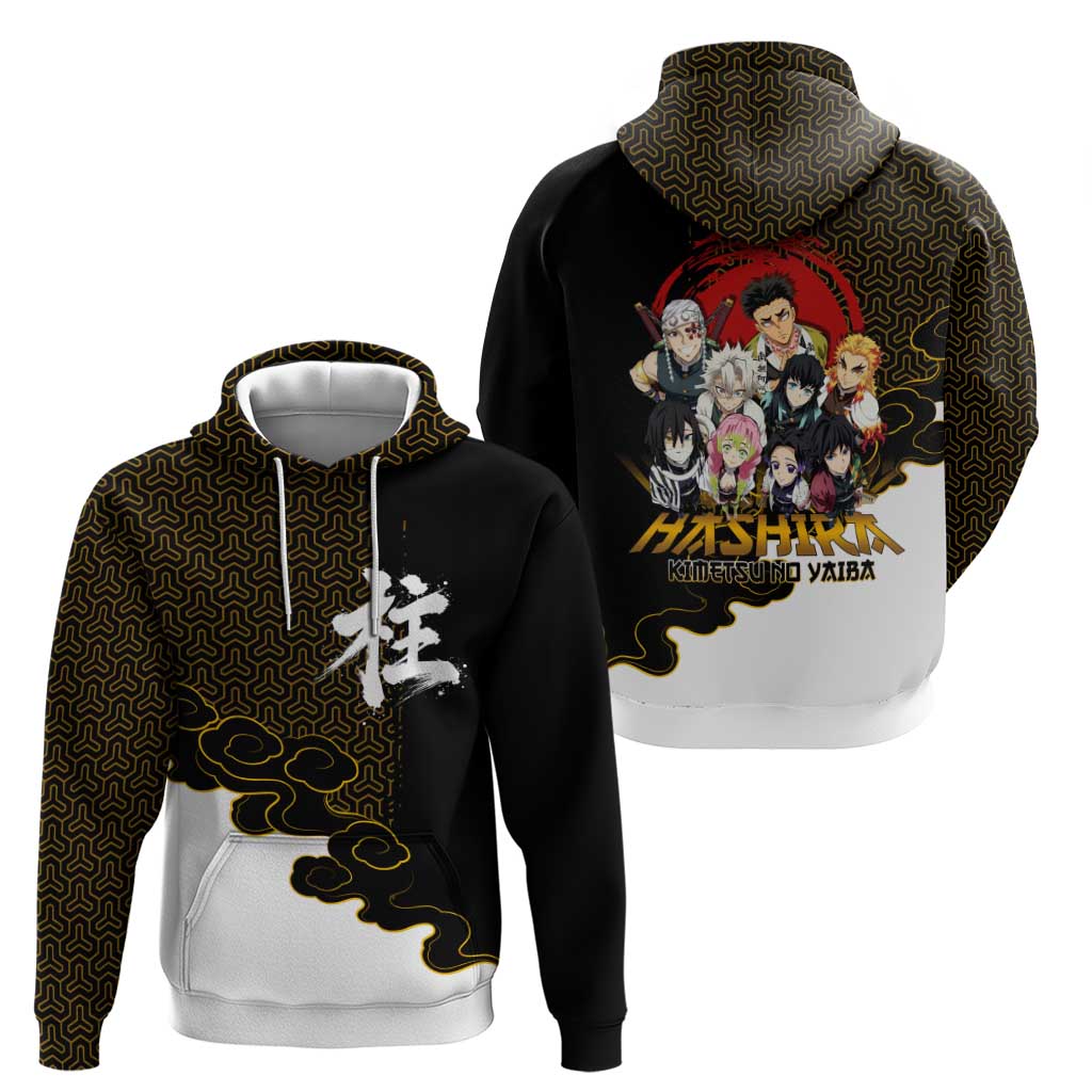 Demon Slayer Hashira Group Design Hoodie with Gold Cloud Pattern and Stylized Kanji Motif - The Mazicc