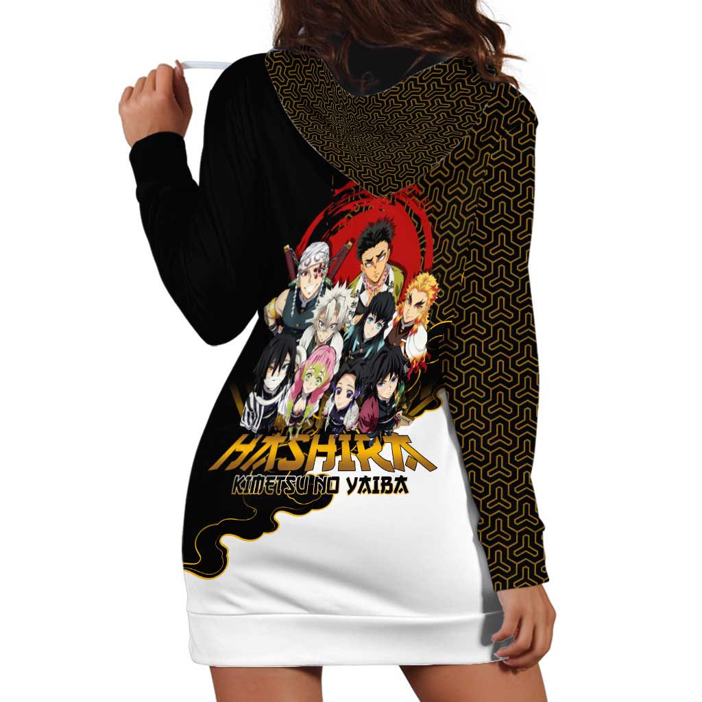 Demon Slayer Hashira Group Design Hoodie Dress with Gold Cloud Pattern and Stylized Kanji Motif - The Mazicc