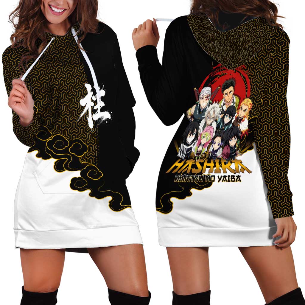 Demon Slayer Hashira Group Design Hoodie Dress with Gold Cloud Pattern and Stylized Kanji Motif - The Mazicc