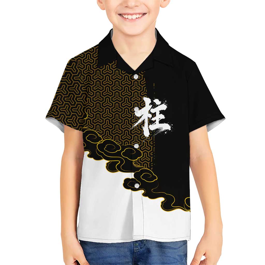 Demon Slayer Hashira Group Design Kid Hawaiian Shirt with Gold Cloud Pattern and Stylized Kanji Motif - The Mazicc