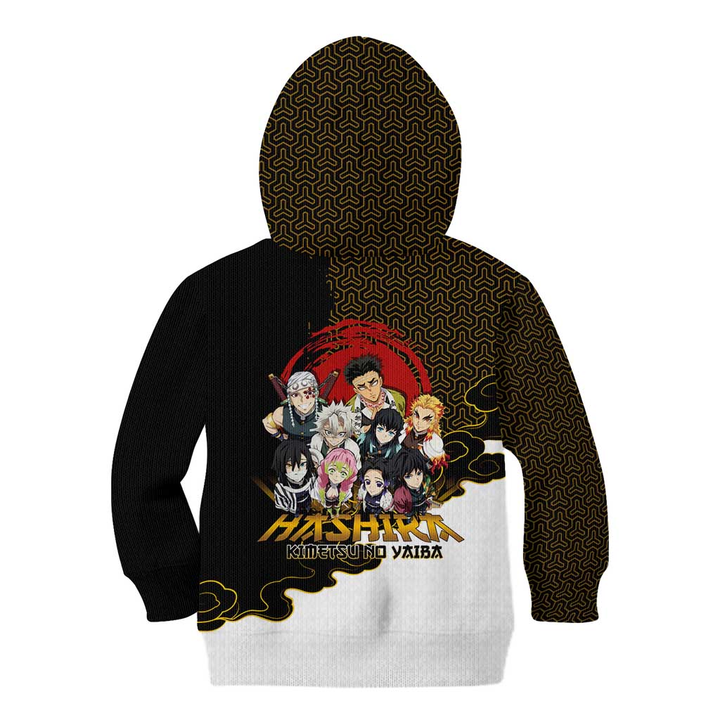 Demon Slayer Hashira Group Design Kid Hoodie with Gold Cloud Pattern and Stylized Kanji Motif - The Mazicc