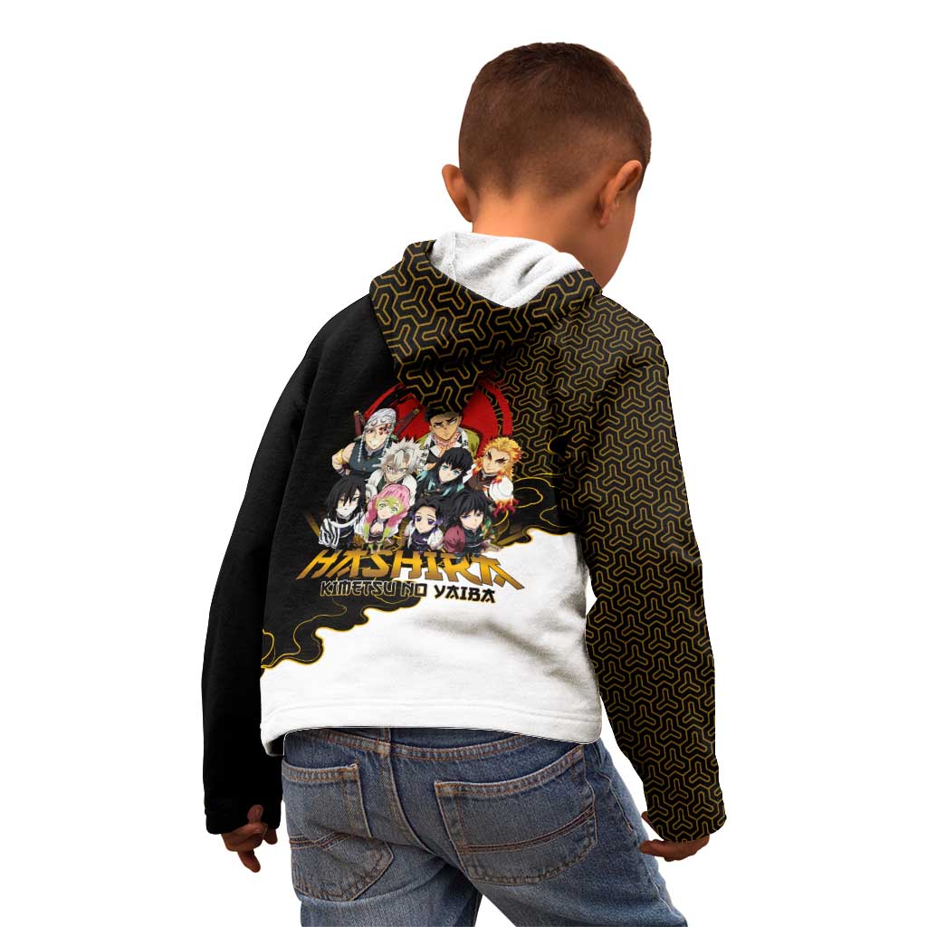 Demon Slayer Hashira Group Design Kid Hoodie with Gold Cloud Pattern and Stylized Kanji Motif - The Mazicc