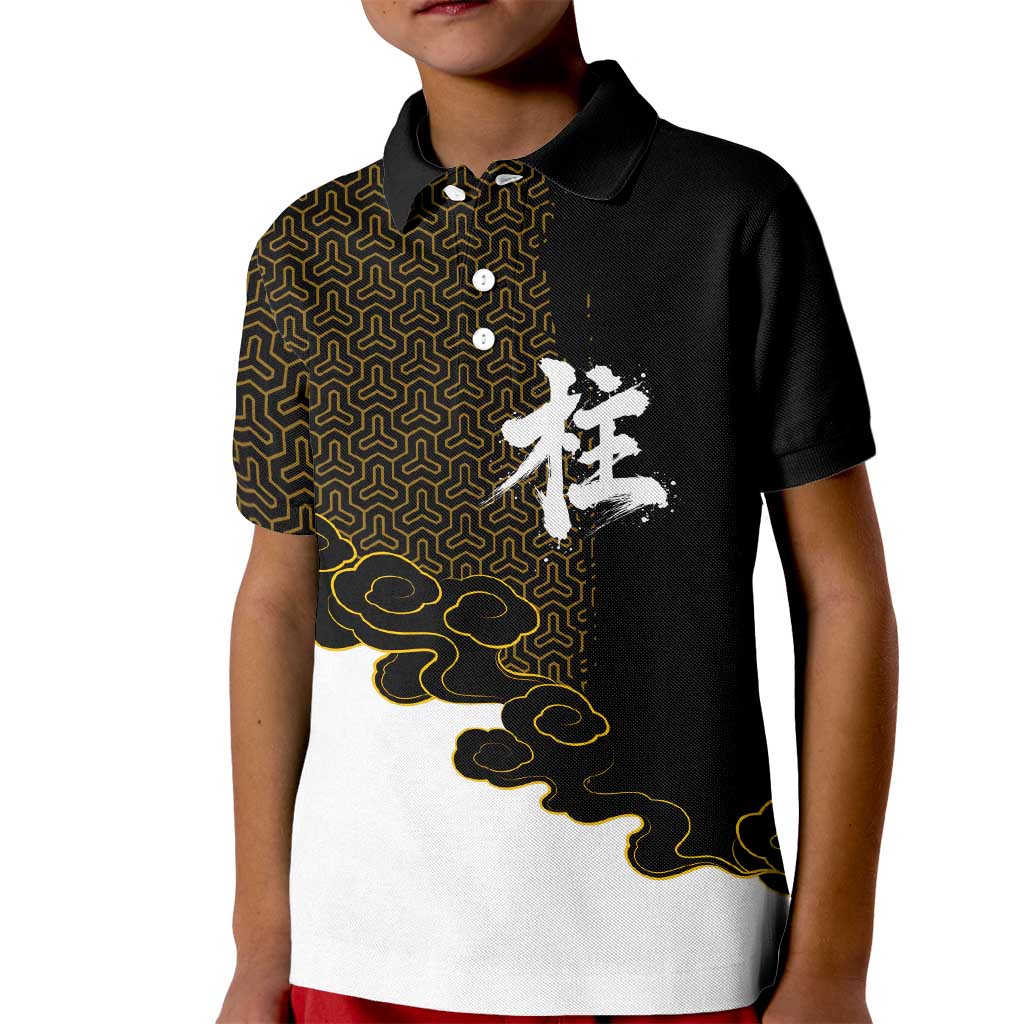 Demon Slayer Hashira Group Design Kid Polo Shirt with Gold Cloud Pattern and Stylized Kanji Motif - The Mazicc