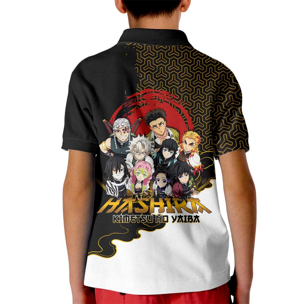 Demon Slayer Hashira Group Design Kid Polo Shirt with Gold Cloud Pattern and Stylized Kanji Motif - The Mazicc
