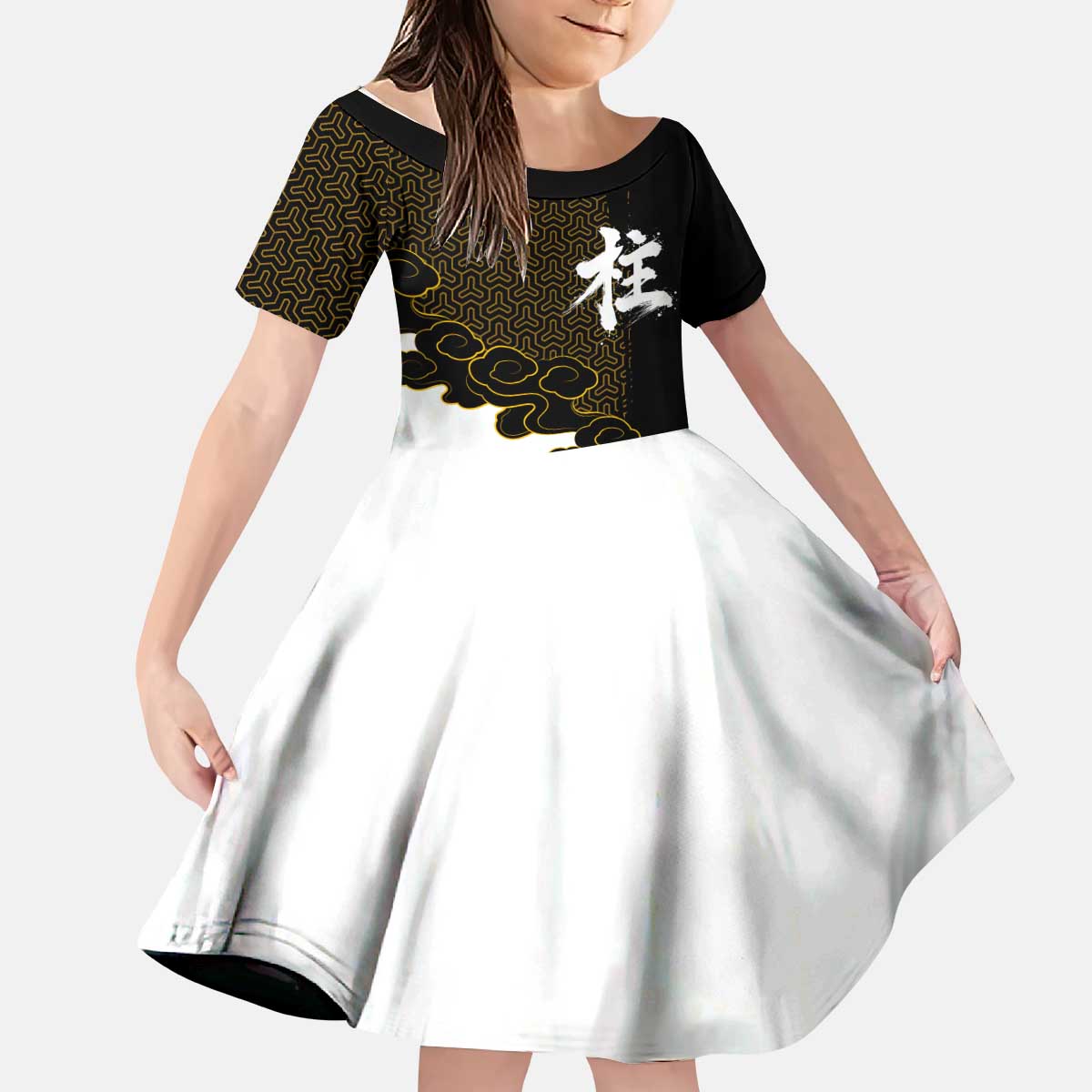 Demon Slayer Hashira Group Design Kid Short Sleeve Dress with Gold Cloud Pattern and Stylized Kanji Motif - The Mazicc