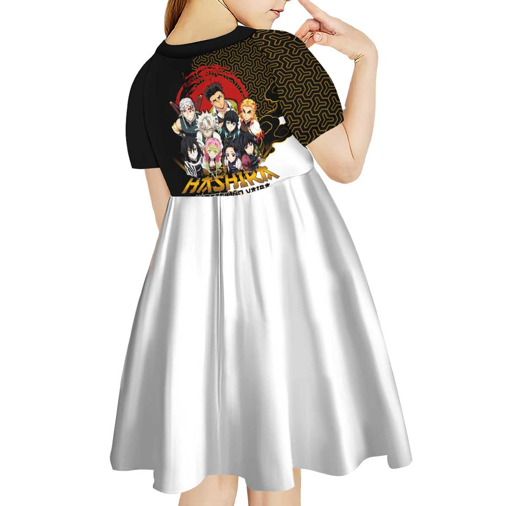 Demon Slayer Hashira Group Design Kid Short Sleeve Dress with Gold Cloud Pattern and Stylized Kanji Motif - The Mazicc