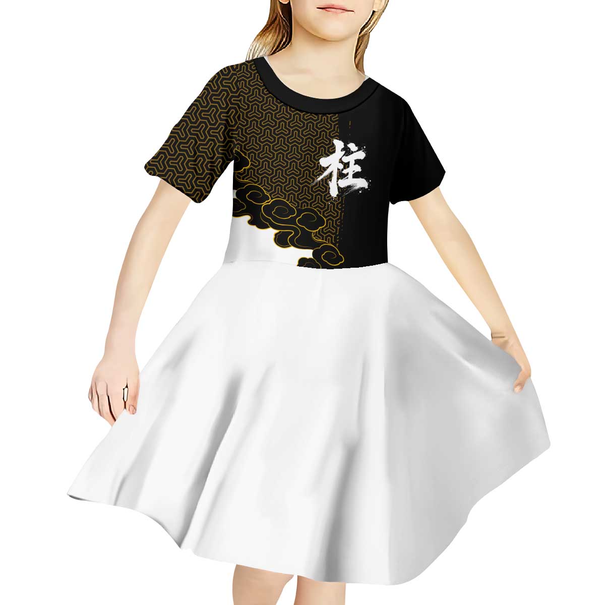 Demon Slayer Hashira Group Design Kid Short Sleeve Dress with Gold Cloud Pattern and Stylized Kanji Motif - The Mazicc