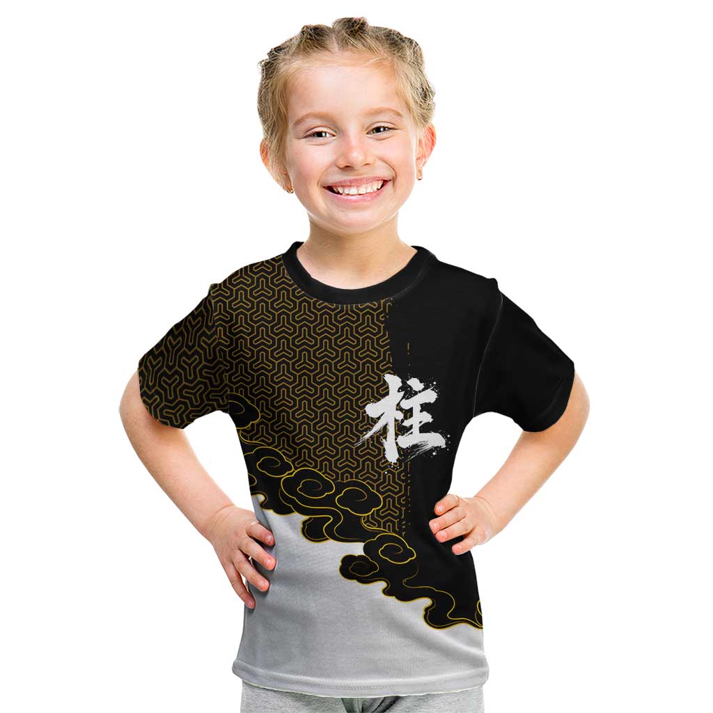 Demon Slayer Hashira Group Design Kid T Shirt with Gold Cloud Pattern and Stylized Kanji Motif - The Mazicc