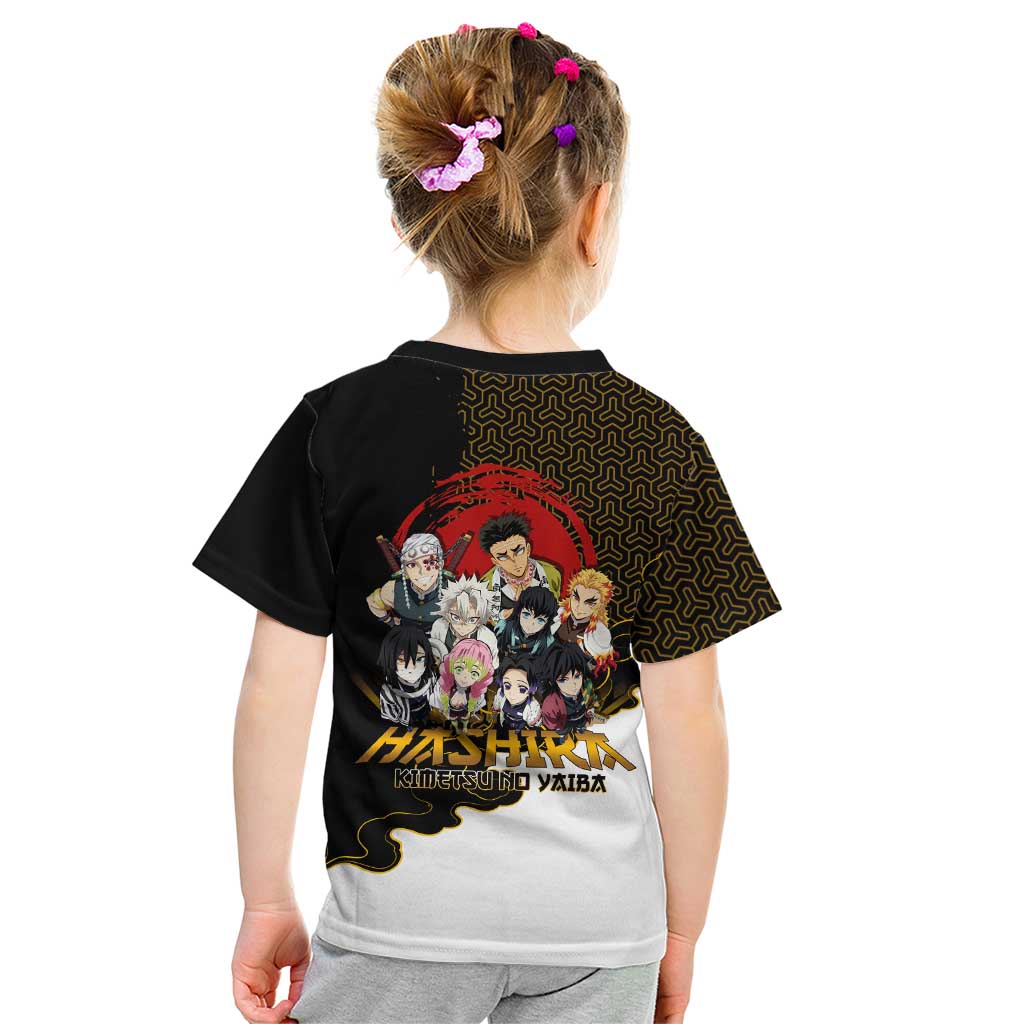 Demon Slayer Hashira Group Design Kid T Shirt with Gold Cloud Pattern and Stylized Kanji Motif - The Mazicc
