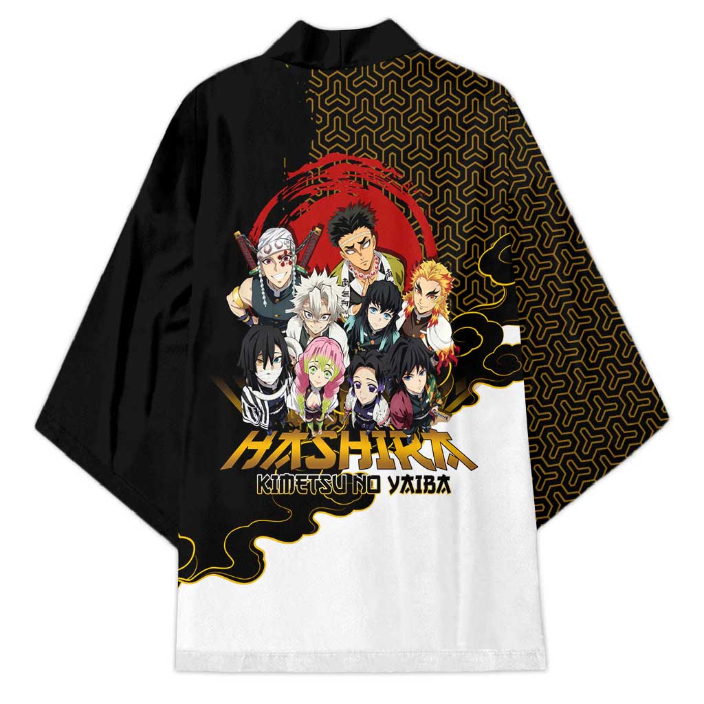 Demon Slayer Hashira Group Design Kimono with Gold Cloud Pattern and Stylized Kanji Motif - The Mazicc