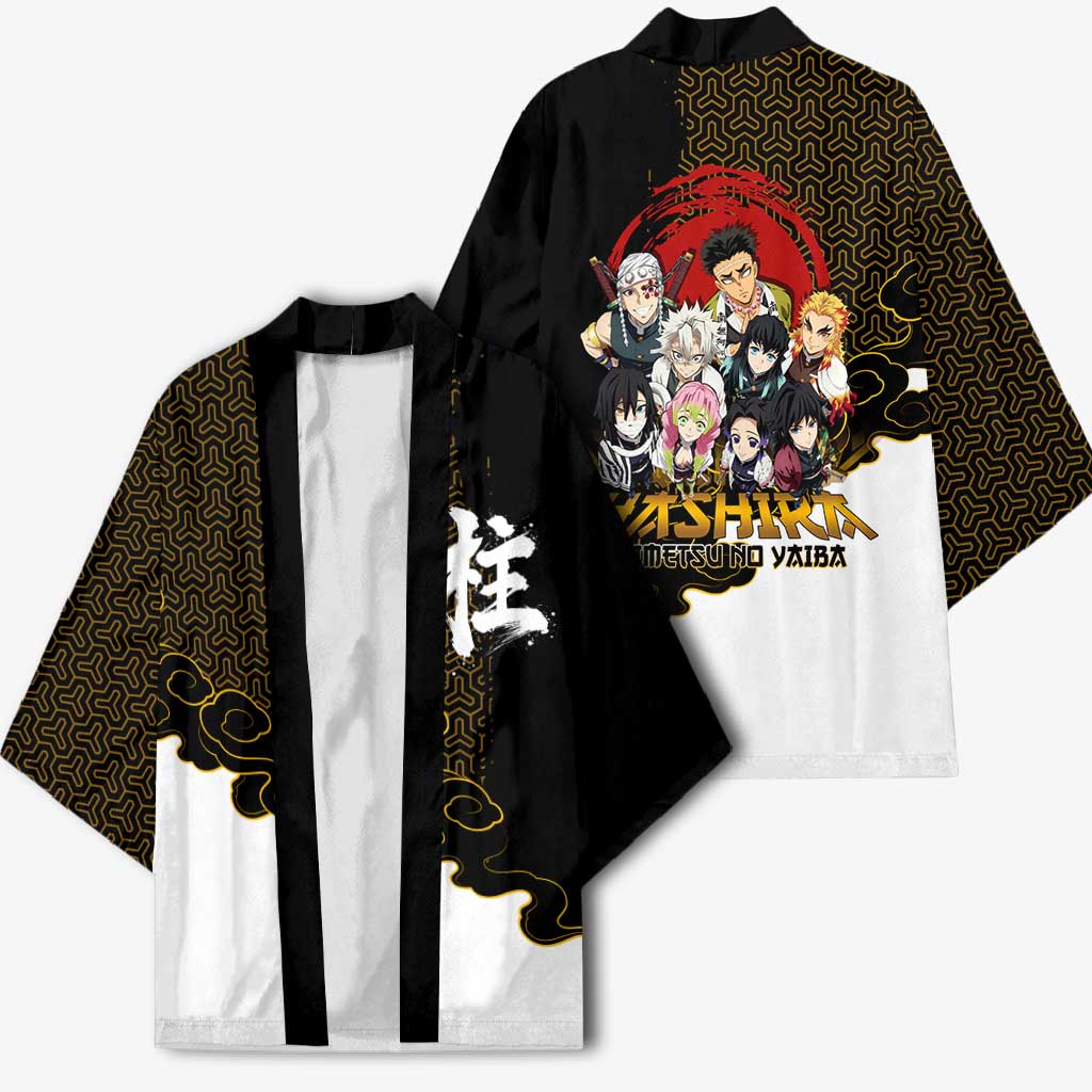Demon Slayer Hashira Group Design Kimono with Gold Cloud Pattern and Stylized Kanji Motif - The Mazicc