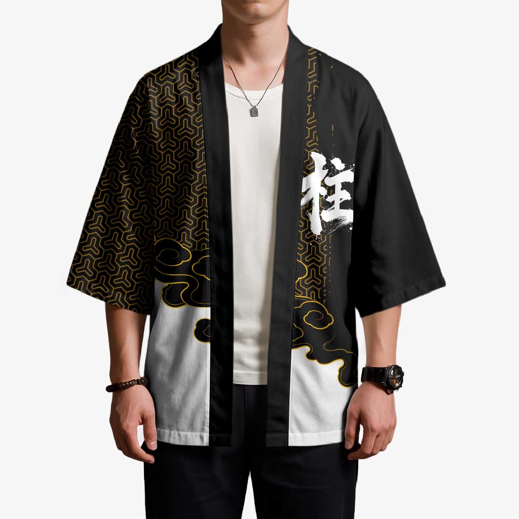 Demon Slayer Hashira Group Design Kimono with Gold Cloud Pattern and Stylized Kanji Motif - The Mazicc