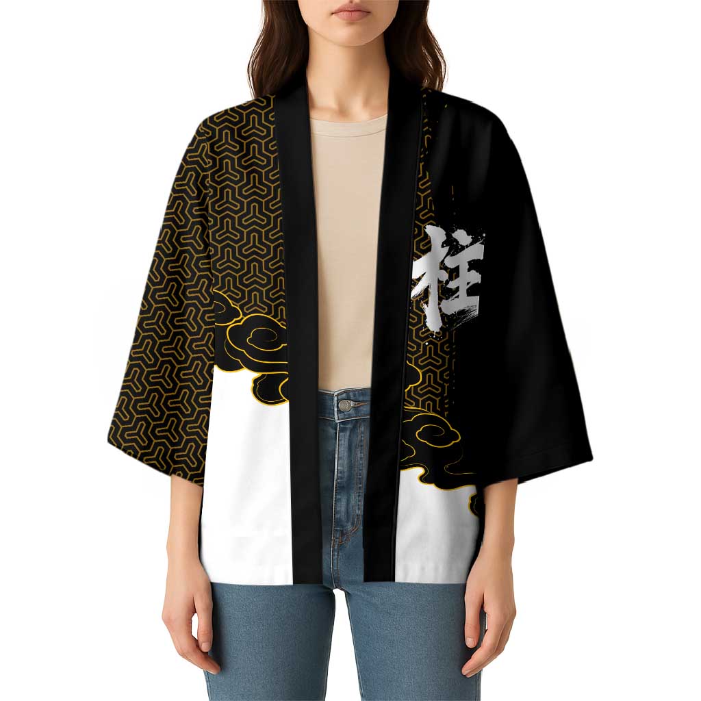 Demon Slayer Hashira Group Design Kimono with Gold Cloud Pattern and Stylized Kanji Motif - The Mazicc